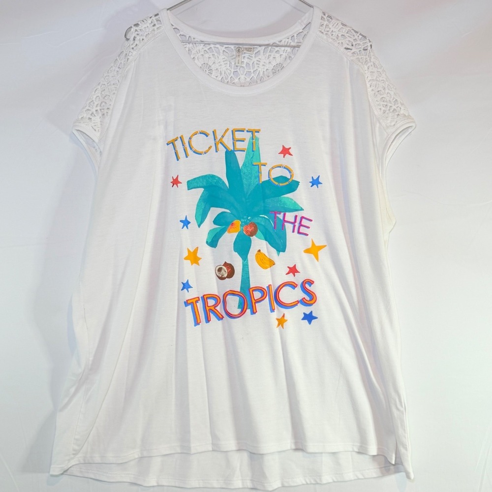 Cato Women's White 18/20W Crochet Lace‎ Tropical Graphic Top